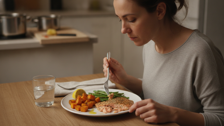 Nutritious simple healthy meals: salmon, sweet potato, and green beans at dinner.