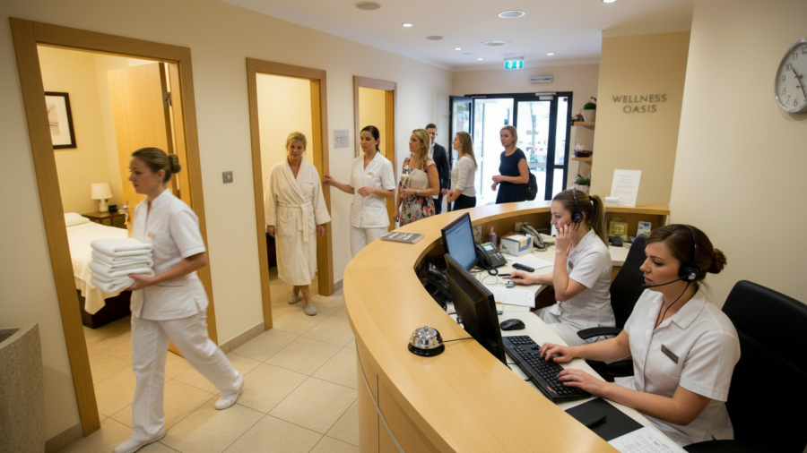 Spa professionals managing time efficiently, overcoming procrastination amid busy environment.