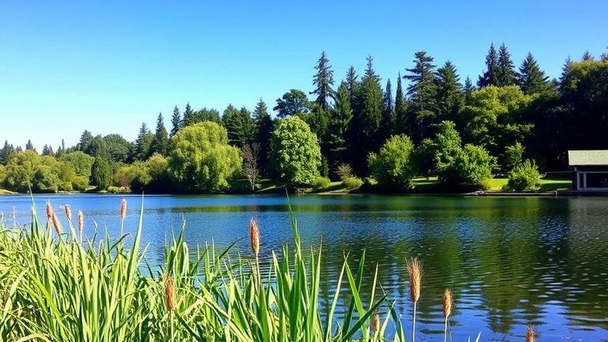 Tranquil Lake glimmering under a blue sky, surrounded by lush greenery.