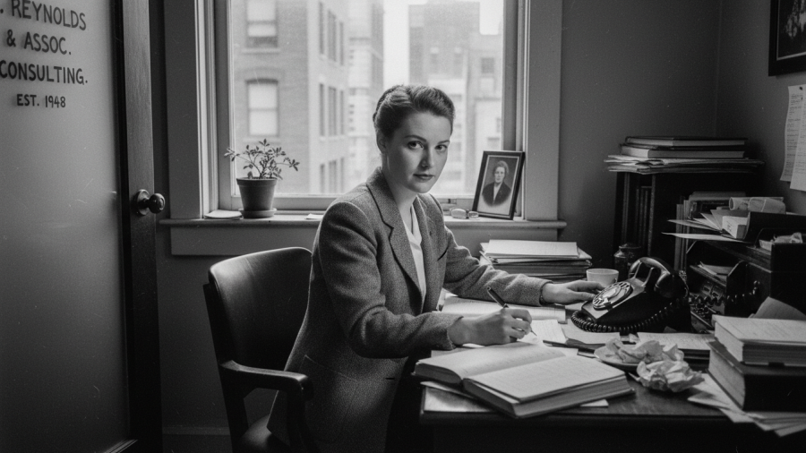 Young professional woman in a modest office, embodying confidence and persistence.