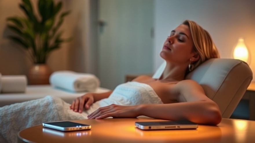 A spa guest relaxes in a softly lit lounge, tech harmonizing with tranquility.
