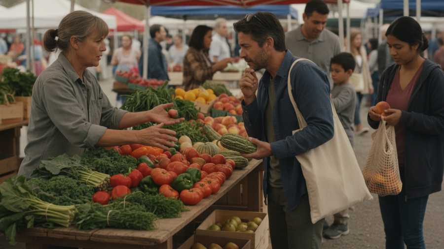 Davis Farmers Market scene showcasing farmer and shopper exchanging knowledge about seasonal produce.