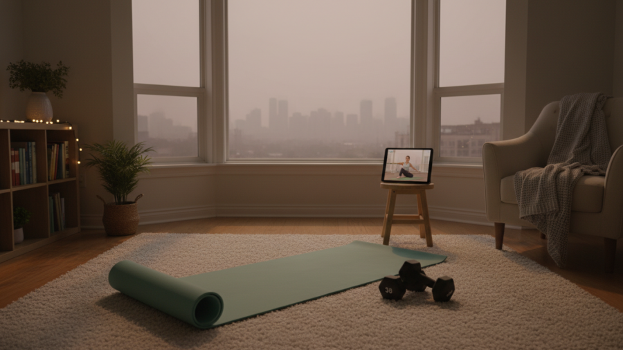 Cozy indoor workout space highlighting outdoor fitness tips amidst Sacramento air quality concerns.