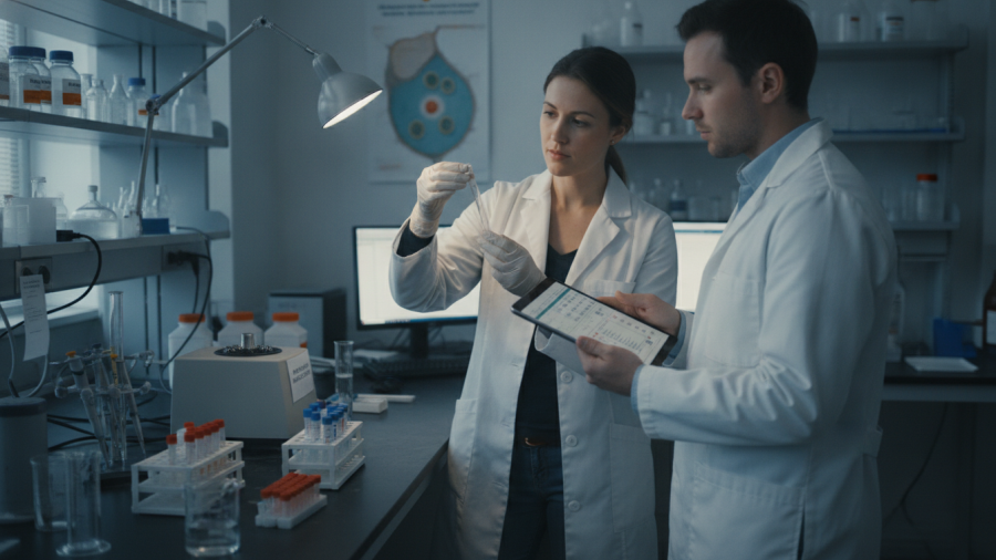 Nutrition researchers working with samples and laboratory equipment during a scientific study.