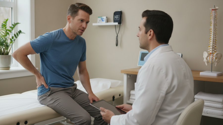 Patient discussing lower back symptoms and treatment options with a healthcare practitioner during a first visit