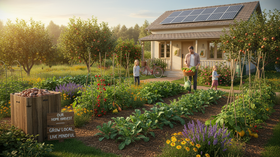 A sustainable living lifestyle with home gardens promoting eco-friendly habits.