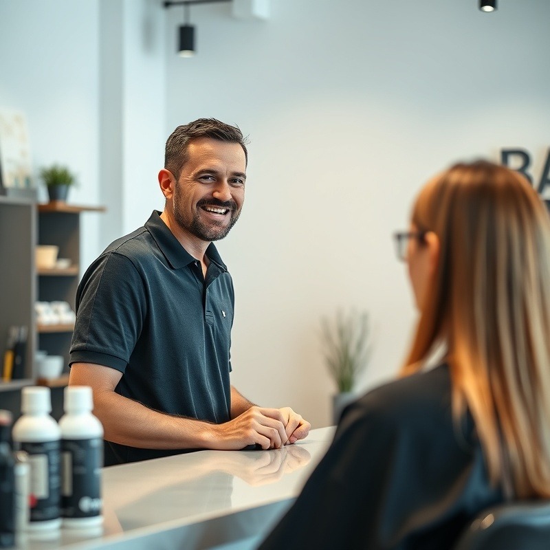 Confident middle-aged man, wearing a black polo shirt standing behind the counter of the salon talking to a client who's at the front of the counter,