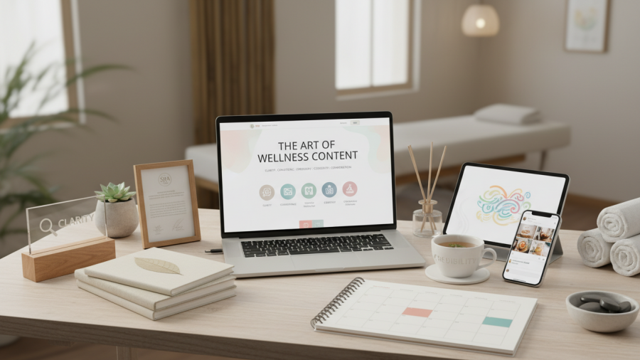 A serene spa workspace showcasing a laptop, highlighting content strategy pillars.