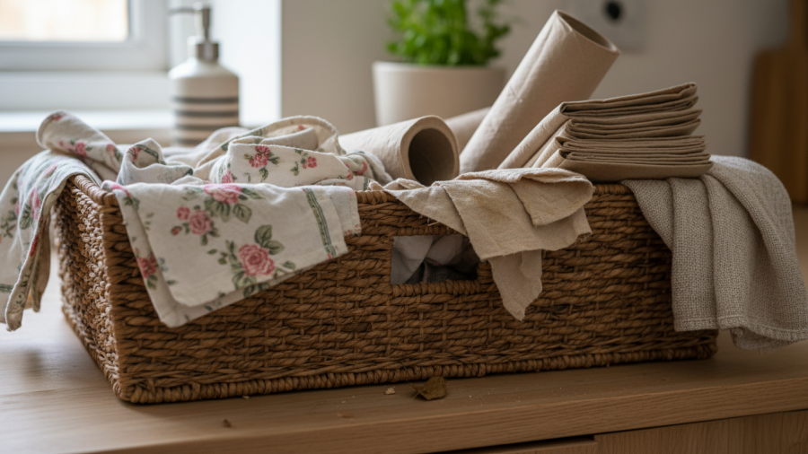 A drawer filled with reusable cloths and sustainable paper towels, showcasing eco-friendly living.