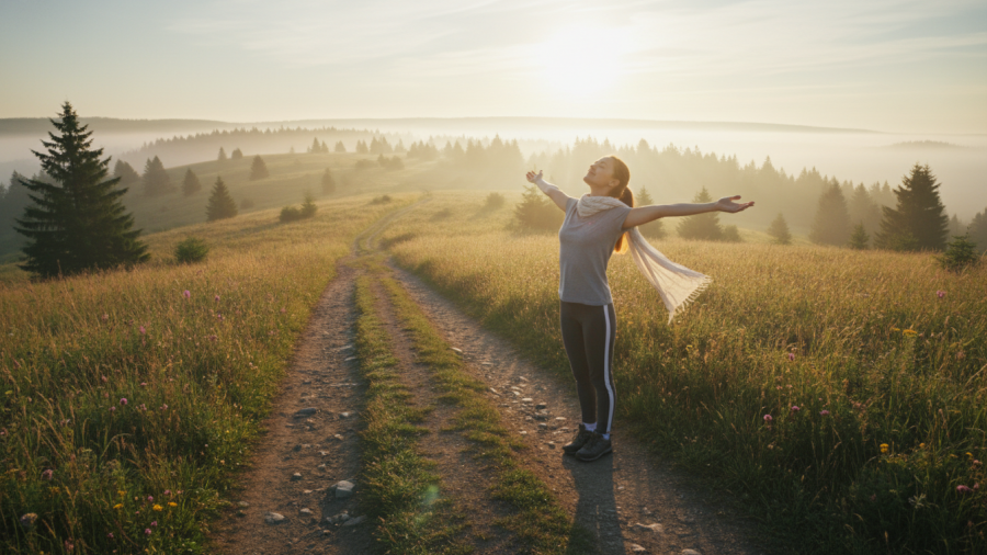 Individual on a trail at sunrise, embodying calm and health and wellness through the lens of social psychology concepts.