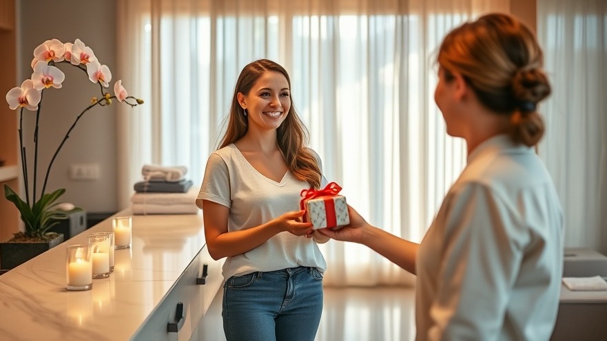 Serene spa reception with delighted guest receiving a birthday gift.