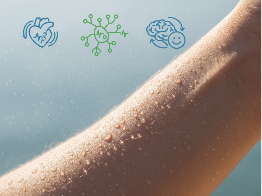Gentle cooling options in spas with mist on a guest's arm showcasing access to modern hydrothermal wellness.