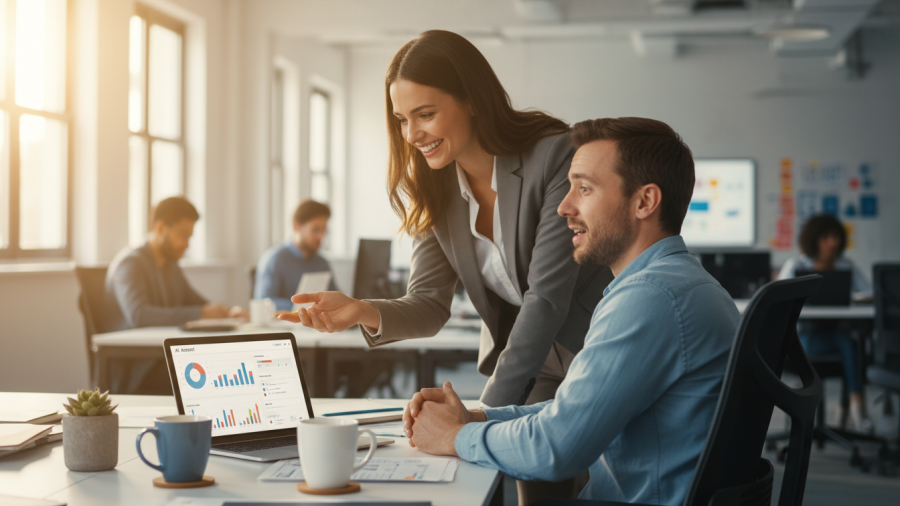 Team collaborating on AI integration, showcasing generative AI adoption in business transformation.