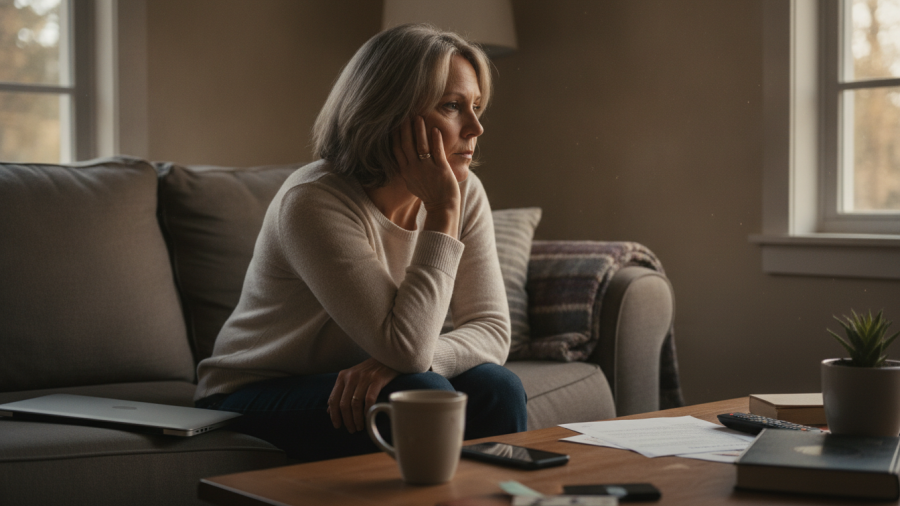 A woman reflecting on stress and self-judgment, embodying mindfulness attitudes.