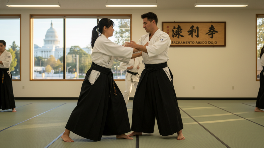 Woman practicing aikido self-defense in Sacramento, showcasing calm and focused movements.