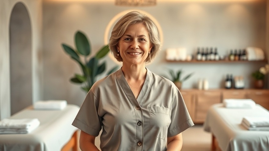  a confident middle-aged woman, stands with a gentle smile, exuding a sense of self-assurance and tranquility. 