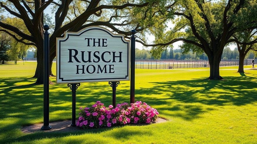 Photorealistic image of 'The Rusch Home' landmark sign on manicured lawn.