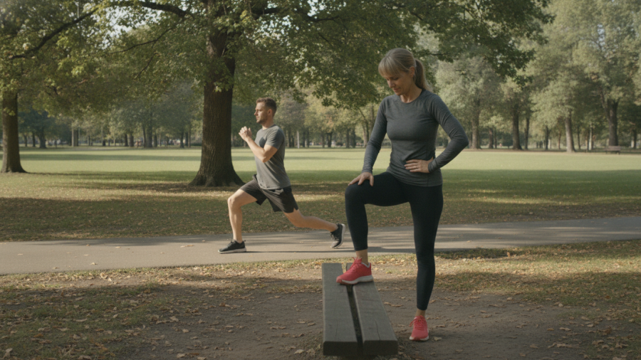 A woman holds a static hamstring stretch while a man performs a dynamic walking lunge.