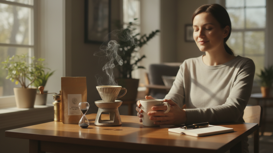 Mindful coffee ritual: a calming morning routine for daily stress relief.
