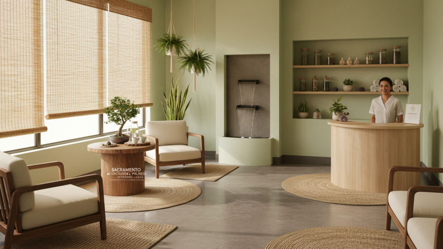 Welcoming waiting room for first acupuncture session at a zen spa in Sacramento.