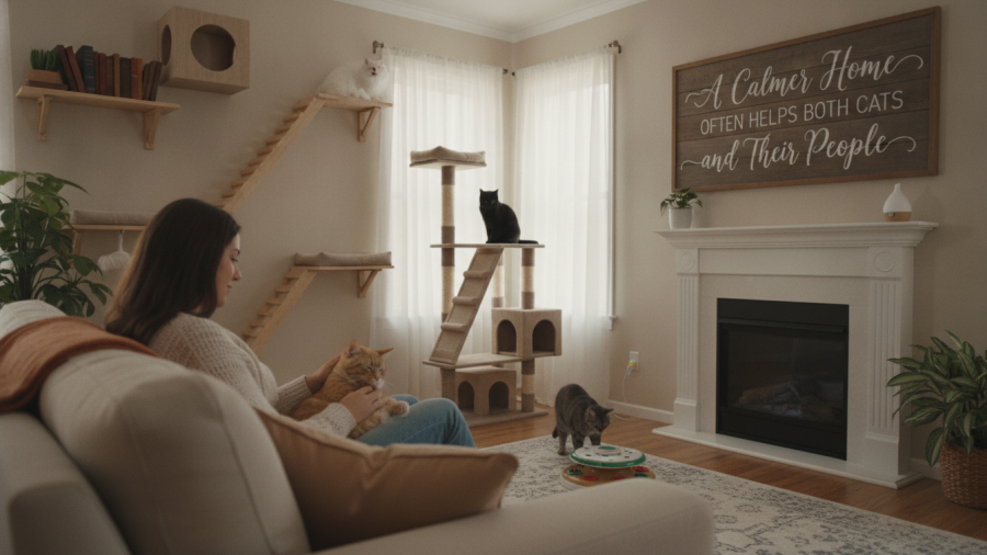 A calm home environment benefits both humans and cats, improving cat behavior.