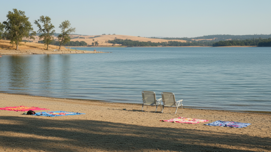 Serene shoreline at Beal’s Point with calm water, sandy beach, and low hills.