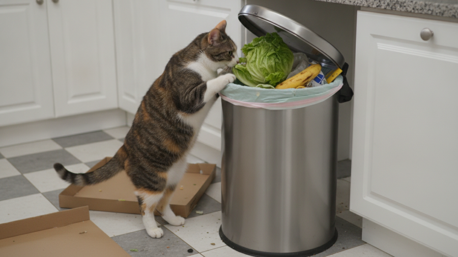 Cat rummaging through garbage with lettuce, highlighting Sacramento pet food safety.