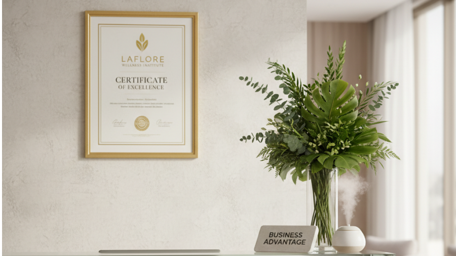 Modern spa reception showcasing advanced skincare training and professionalism.