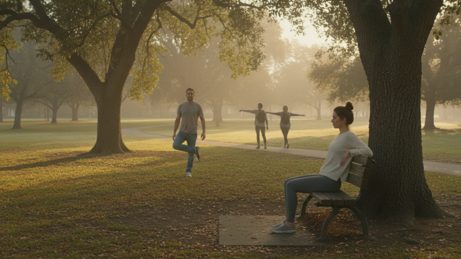 People practicing muscular endurance and balance in a serene Sacramento park.