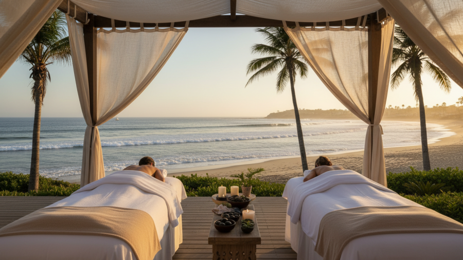 San Diego beachfront spa massage offering ocean view and palm tree tranquility.