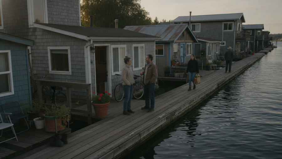 A shared dock in a floating home community, showcasing sustainable living and neighborly connections.