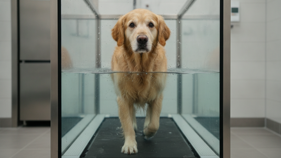 Senior Golden Retriever using an underwater treadmill for dogs in rehabilitation therapy.