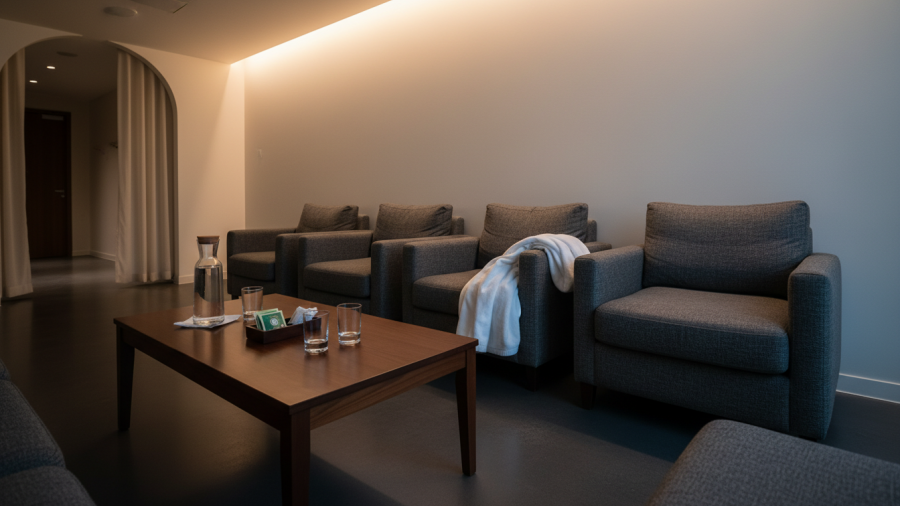 Relaxing spa lounge with cozy chairs and soothing decor for guests' tranquility.