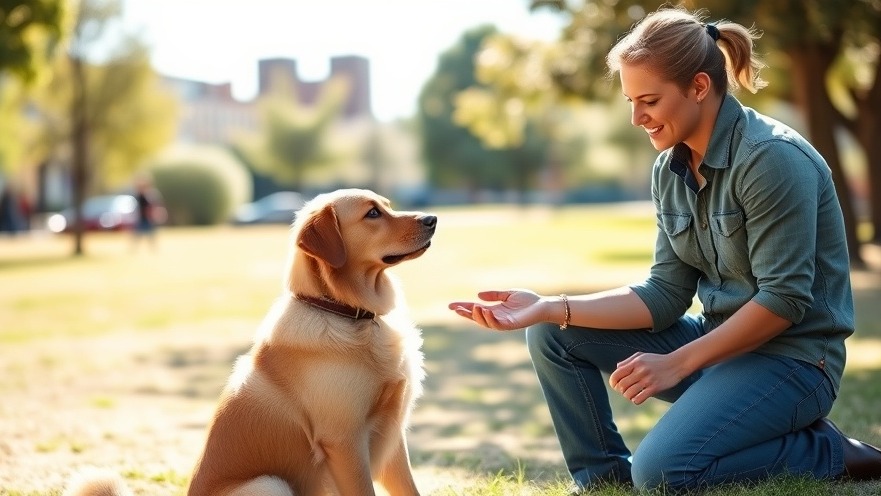 Professional dog trainer using positive reinforcement techniques in a sunny park.