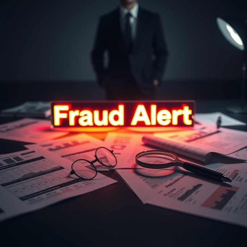 A visually striking image shows a sleek office desk with scattered financial documents, some highlighted in red ink to signify irregularities. At the center of the scene is a computer screen displaying a warning message of financial fraud