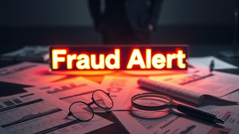 A visually striking image shows a sleek office desk with scattered financial documents, some highlighted in red ink to signify irregularities. At the center of the scene is a computer screen displaying a warning message of financial fraud