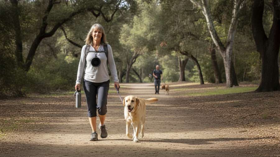 Healthy Labrador Retriever walking with owner in Sacramento park, showcasing dog longevity.