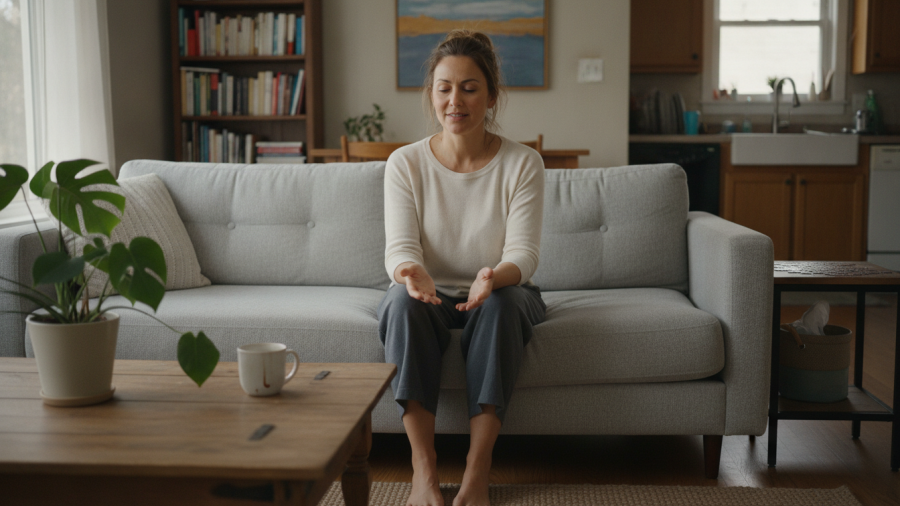 A woman practicing acceptance in mindfulness with active curiosity in her living room.