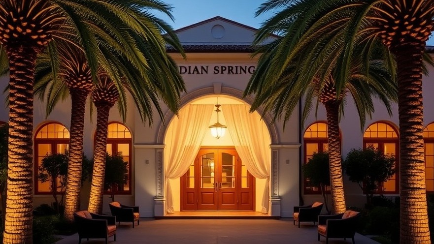 Entrance of Indian Springs spa in Calistoga, framed by palms and soft evening light.
