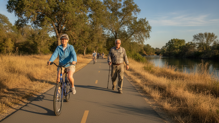 Active older adult cycling beside the American River, promoting healthy aging and protein needs.