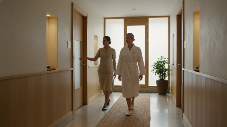 Client journey through a serene spa hallway, guided by staff in soft lighting.