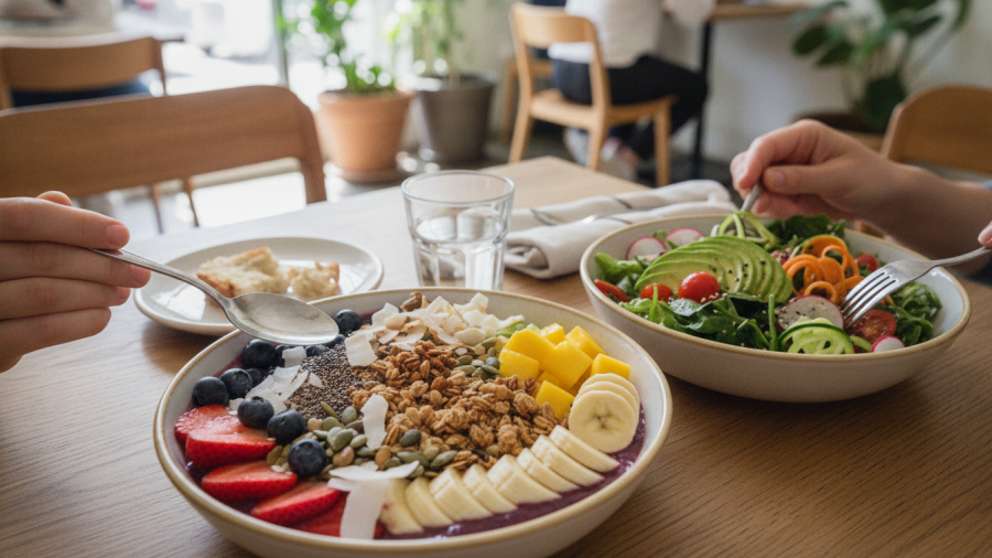 Vibrant plant-based meals at a Sacramento cafe highlight nutritious ingredients.
