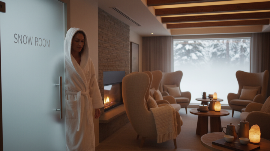 Spa guest transitioning from snow room to relaxation lounge, showcasing snow room benefits.