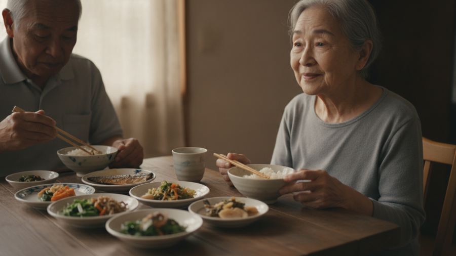 Okinawan woman practicing hara hachi bu, enjoying a balanced meal with mindfulness.