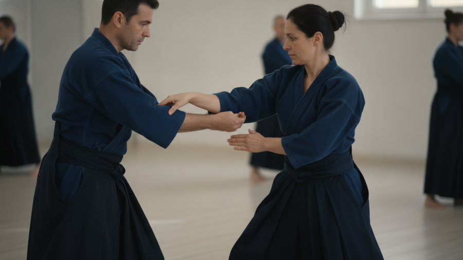 Adult Aikido practitioners demonstrating wrist grab defense in Sacramento classes.
