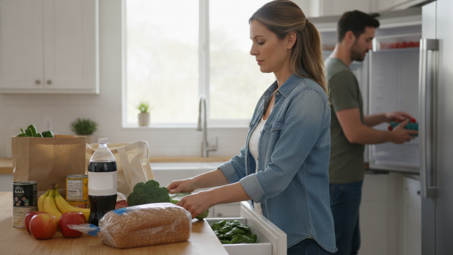 A woman unpacks groceries, showing ultra processed foods like soda alongside whole grain bread, highlighting nutritional differences.