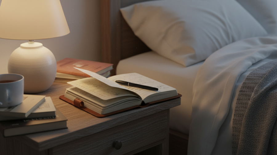 Mindfulness practice illustrated by handwritten notes in a cozy setting.