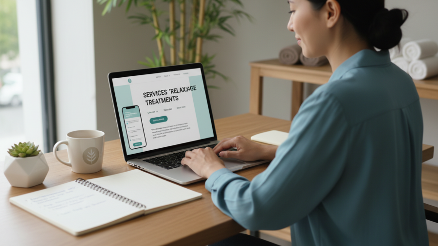 Spa business owner reviewing SEO notes on a laptop, showcasing a clean website layout.
