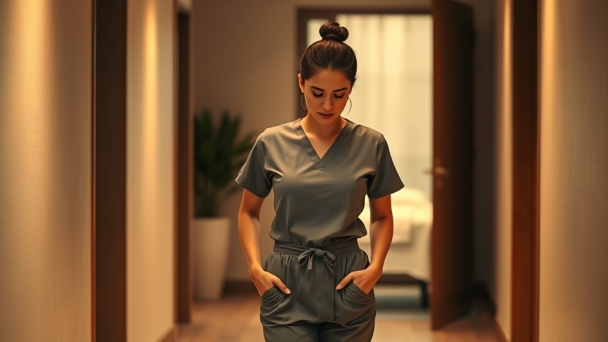 Calming spa hallway with an exhausted therapist in professional attire.