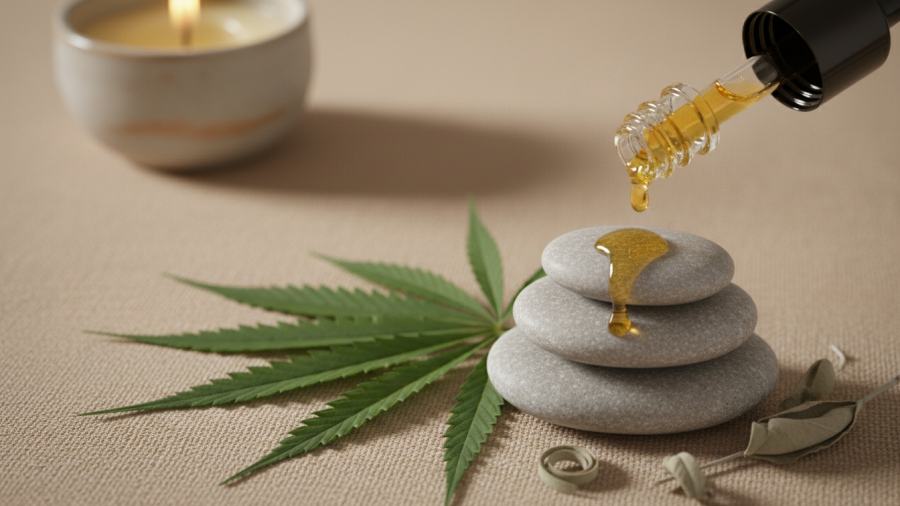Close-up of CBD wellness elements: golden oil drop, hemp leaves, and calming candlelight.